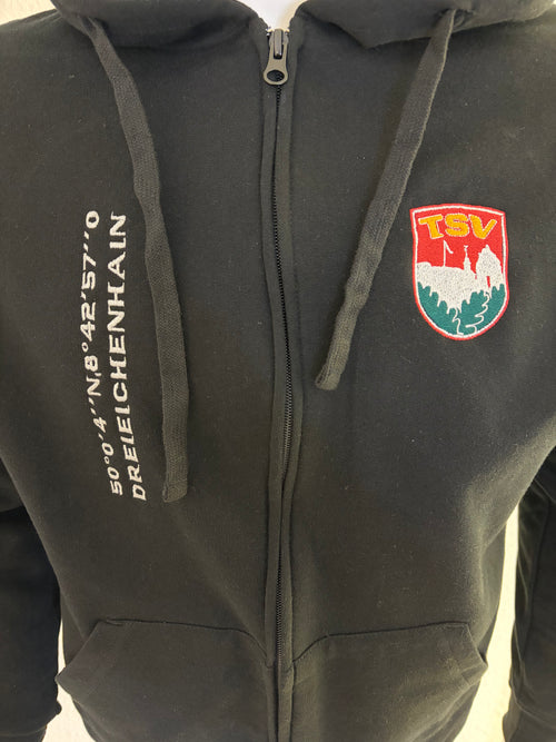 Kapuzenjacke Logo und Koordinaten gestickt